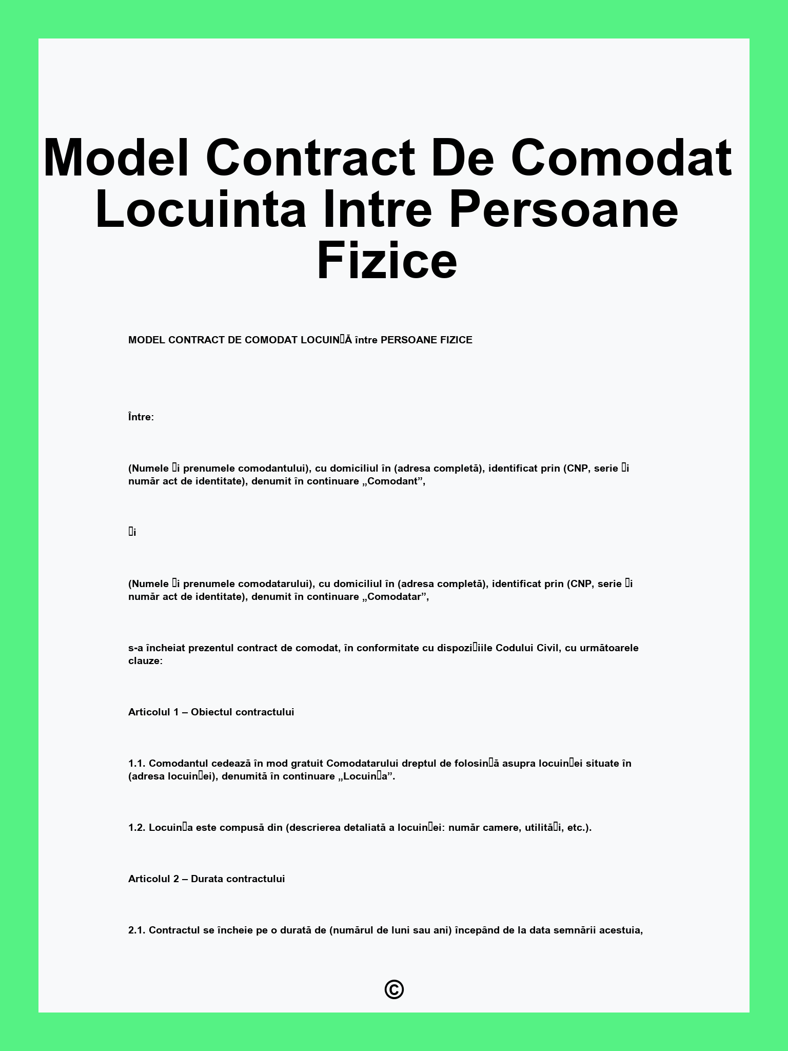 Model Contract De Comodat Locuinta Intre Persoane Fizice
