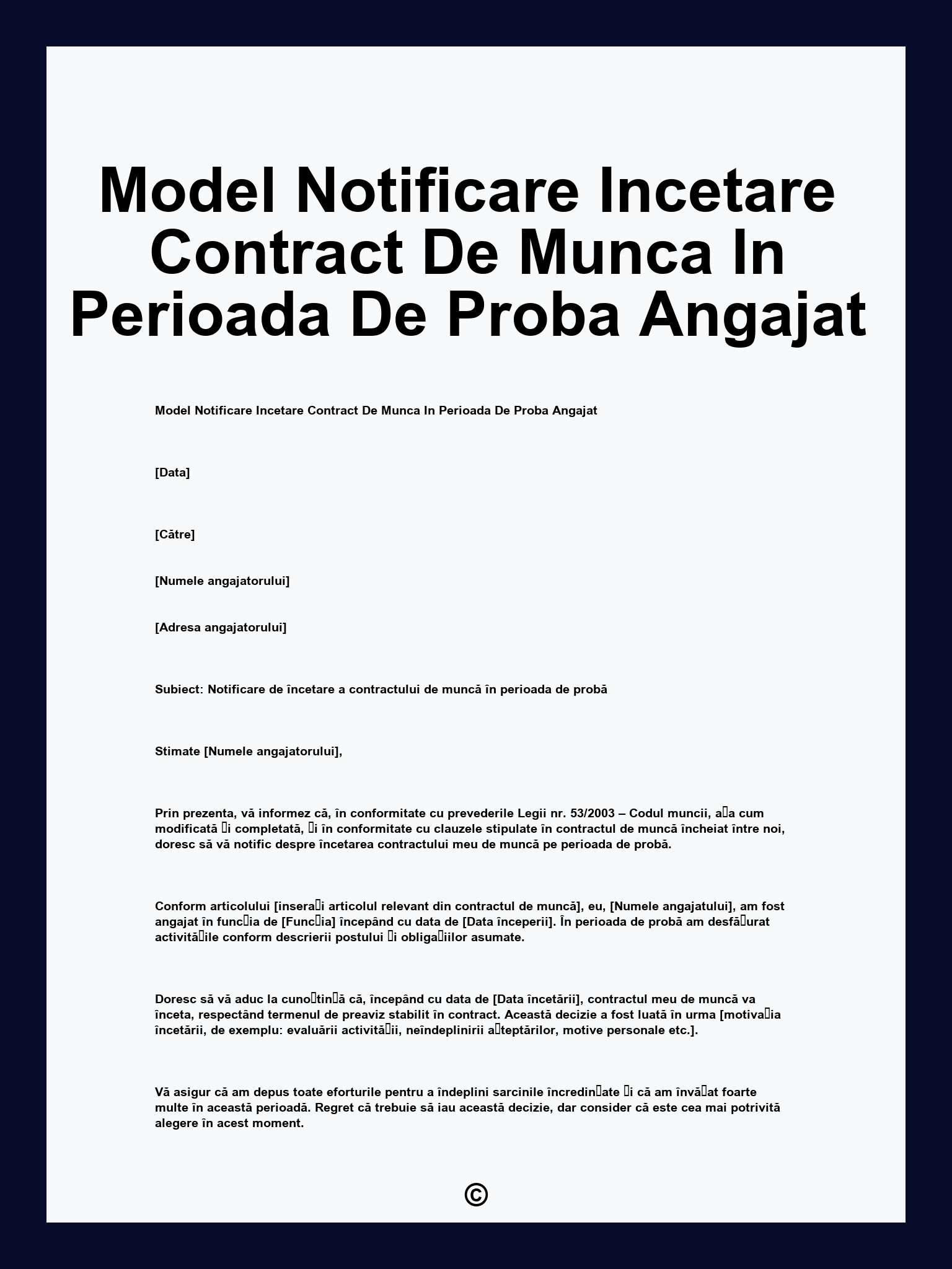 Model Notificare Incetare Contract De Munca In Perioada De Proba Angajat