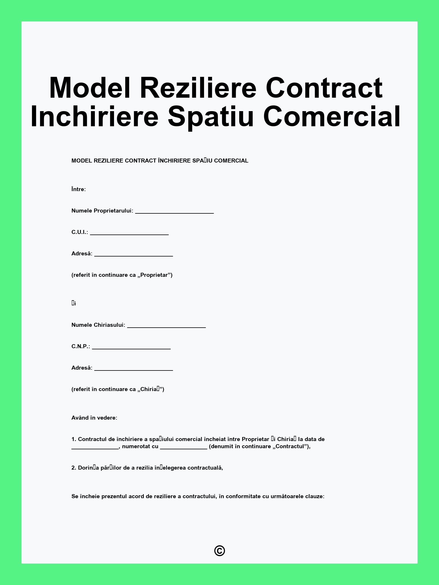 Model Reziliere Contract Inchiriere Spatiu Comercial